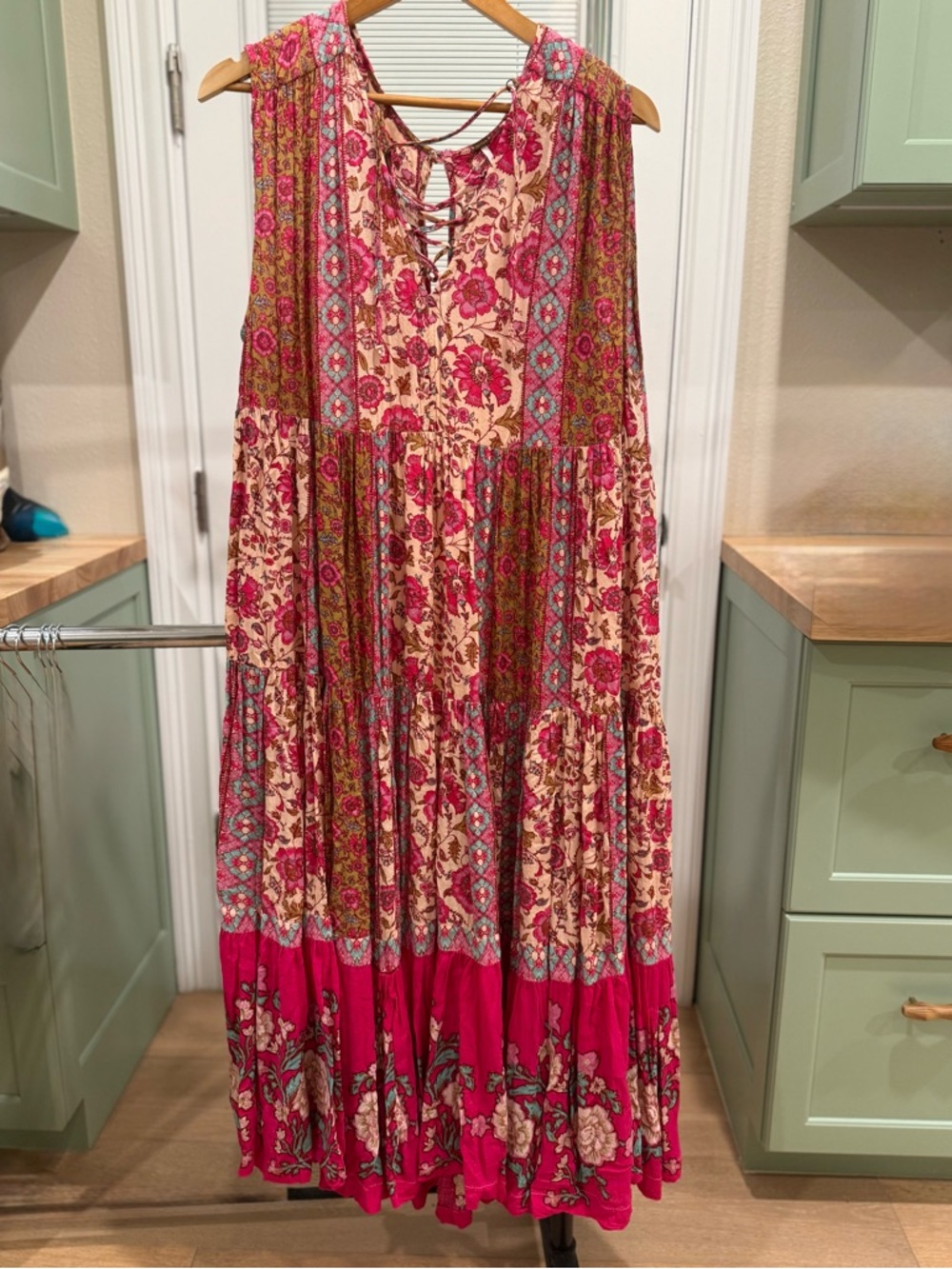 Free People Floral Tiered Maxi Skirt in Pink, Cream and Teal